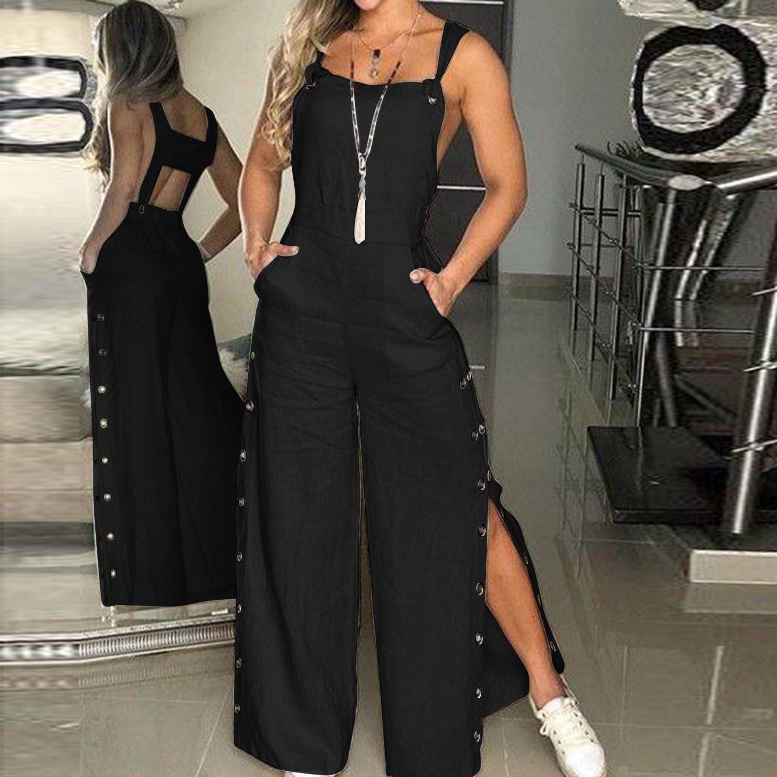 thumbnail image 2 of Pantalones sin mangas de algodón y lino con tirantes para mujer, con botones, corte holgado, bolsillos, informales para la playa, 2 of 6